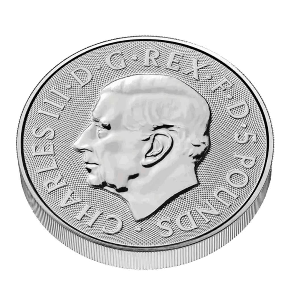 La moneta da 2 once Tudor Beasts - Levriero di Richmond Argento 2025 presenta un profilo del re Carlo III rivolto verso sinistra con l'iscrizione CHARLES III - D - G - REX - F - D - 5 POUNDS.
