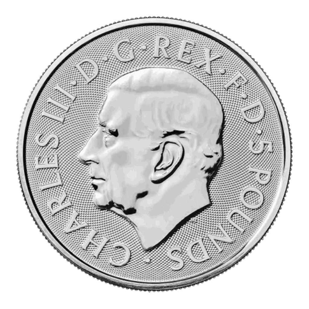 La moneta da 2 once Tudor Beasts - Levriero di Richmond Argento 2025 presenta un profilo di Re Carlo III rivolto verso sinistra con l'iscrizione CHARLES III - D - G - REX - F - D - 5 POUNDS intorno al bordo.