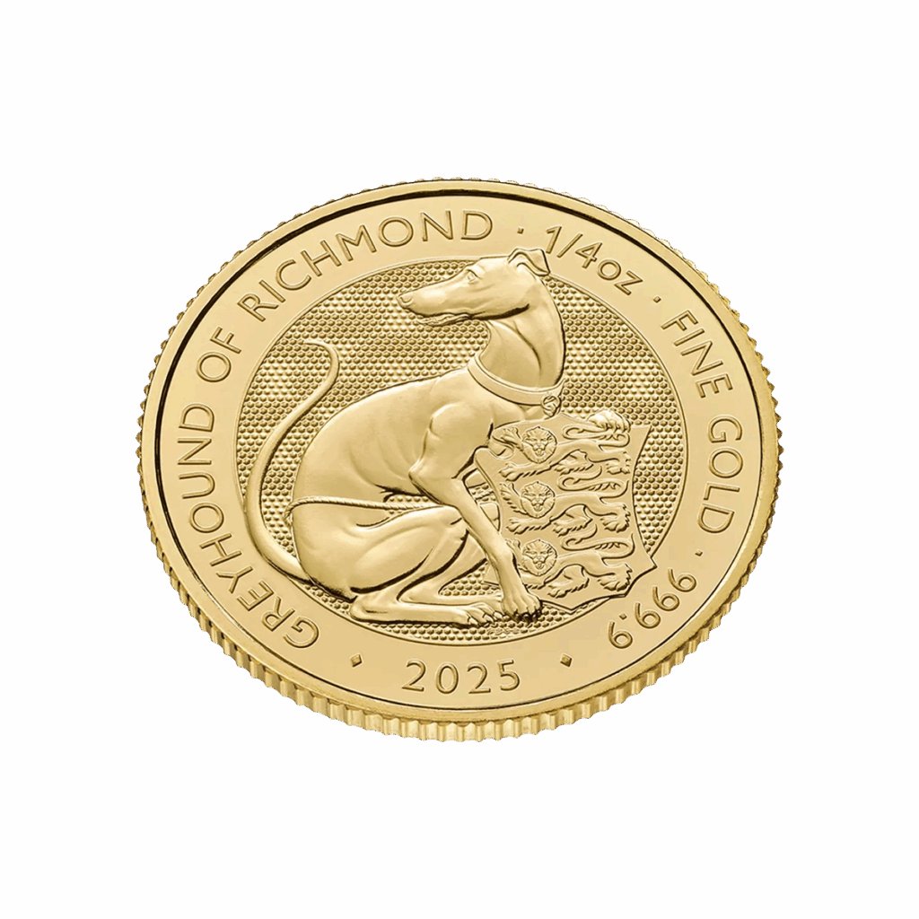 La moneta da 1/4 oz Tudor Beasts - Levriero di Richmond Oro 2025 raffigura un levriero accanto a uno scudo ornato di leoni, con l'iscrizione: GREYHOUND OF RICHMOND - 1/4 oz ORO FINE - 2025 - 6,666.