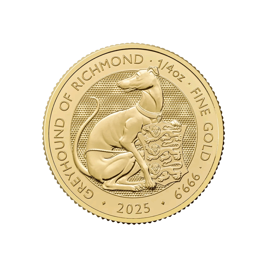 La moneta da 1/4 oz Tudor Beasts - Levriero di Richmond Oro 2025 raffigura un levriero seduto con il collare davanti a uno scudo e reca l'iscrizione GREYHOUND OF RICHMOND, 1/4 oz FINE GOLD, 2025, e 999.9.