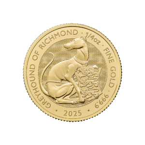 La moneta da 1/4 oz Tudor Beasts - Levriero di Richmond Oro 2025 raffigura un levriero seduto con il collare davanti a uno scudo e reca l'iscrizione GREYHOUND OF RICHMOND, 1/4 oz FINE GOLD, 2025, e 999.9.