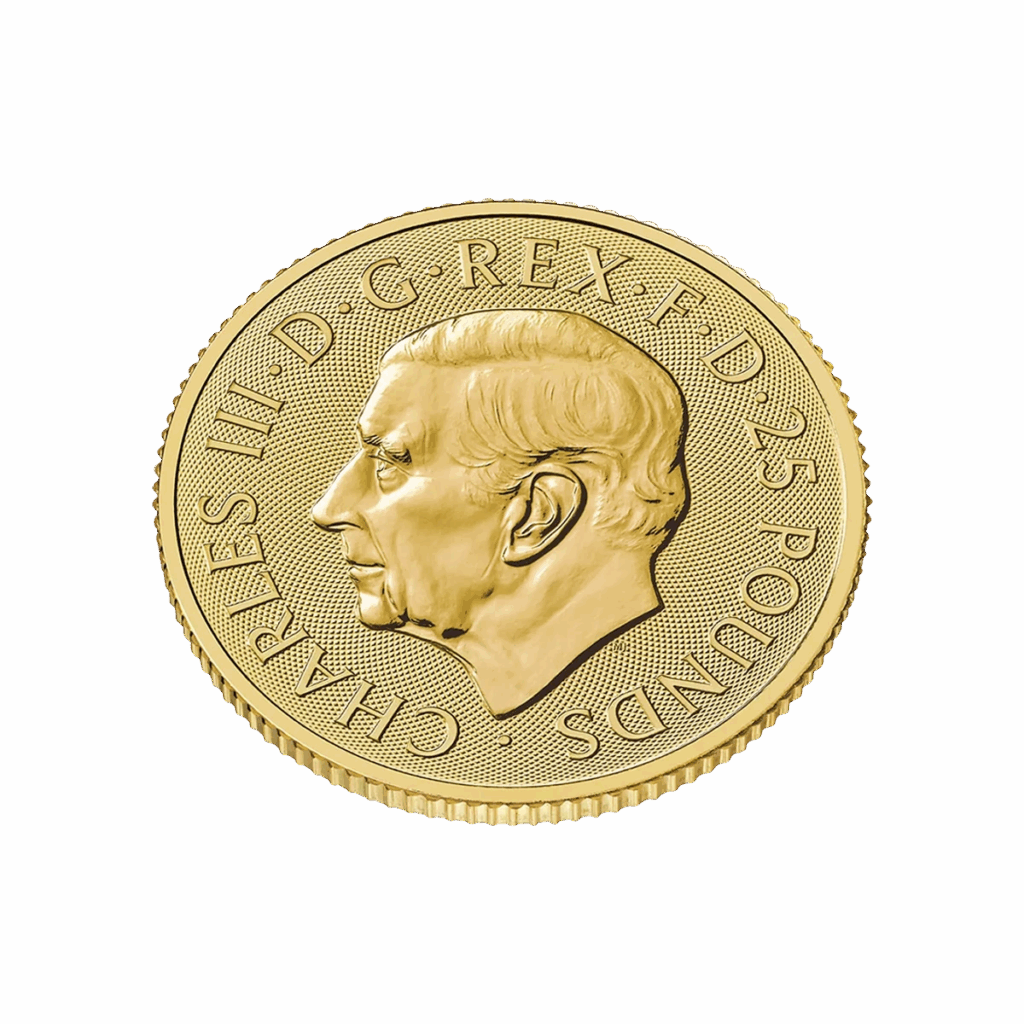 La moneta d'oro da 1/4 di oz Tudor Beasts - Levriero di Richmond Oro 2025 presenta un ritratto di re Carlo III rivolto verso sinistra con l'iscrizione "CHARLES III D G REX F D 25 POUNDS" intorno al bordo.