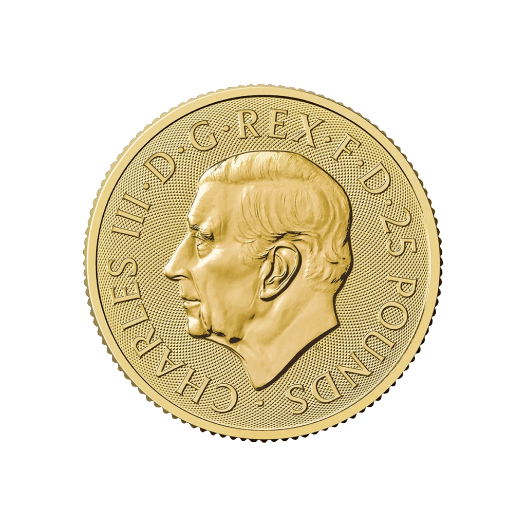 La moneta da 1/4 di oz Tudor Beasts - Levriero di Richmond Oro 2025 è una moneta britannica d'oro con il ritratto del re Carlo III rivolto verso sinistra, l'iscrizione sul bordo "CHARLES III D G REX FD 25 POUNDS" e il bordo strutturato.