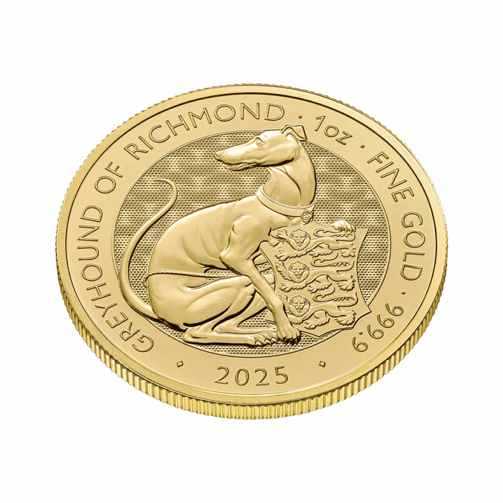La moneta da 1 oz Tudor Beasts - Levriero di Richmond Oro 2025 presenta un levriero seduto con scudo, con l'iscrizione "GREYHOUND OF RICHMOND", "1 oz FINE GOLD", "999.9" e l'anno 2025.