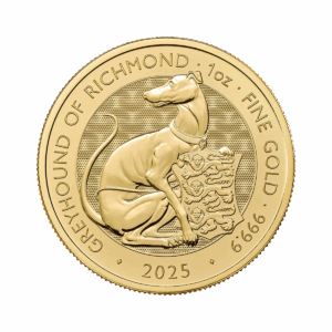 La moneta da 1 oz Tudor Beasts - Levriero di Richmond Oro 2025 è una moneta d'oro che mostra un levriero seduto con collare, zampa su uno scudo con tre leoni e iscrizione con GREYHOUND OF RICHMOND, 1oz FINE GOLD 999.9, e 2025.