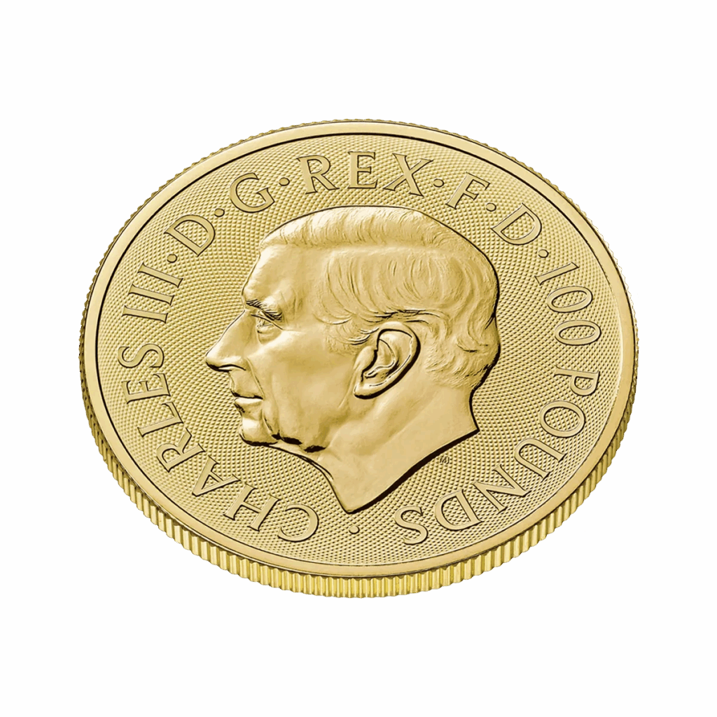 Moneta d'oro da 1 oz Tudor Beasts - Levriero di Richmond Oro 2025 con il profilo del re Carlo III rivolto verso sinistra e l'iscrizione CHARLES III - D - G - REX - F - D - 100 POUNDS intorno al bordo.
