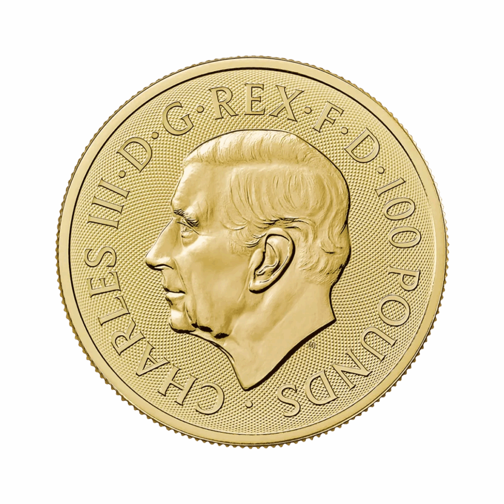 La moneta d'oro da 1 oz Tudor Beasts - Levriero di Richmond Oro 2025 mostra un profilo di re Carlo III rivolto a sinistra con le iscrizioni sul bordo: CHARLES III D.G. REX F.D. 100 POUNDS.