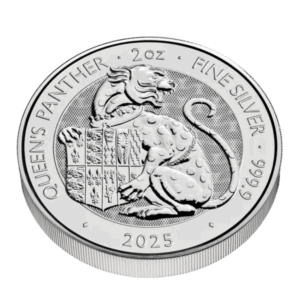 La moneta da 2 once Tudor Beasts - La Pantera della Regina Argento 2025 è una moneta d'argento che raffigura una pantera stilizzata con uno scudo, circondata da "QUEENS PANTHER - 2 oz FINE SILVER 999.9" e l'anno 2025 in basso.