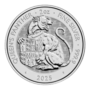La moneta da 2 once Tudor Beasts - La Pantera della Regina Argento 2025 mostra una pantera dettagliata con uno scudo, con l'iscrizione "QUEENS PANTHER 2oz FINE SILVER 999.9" intorno al bordo e la data 2025 in basso.