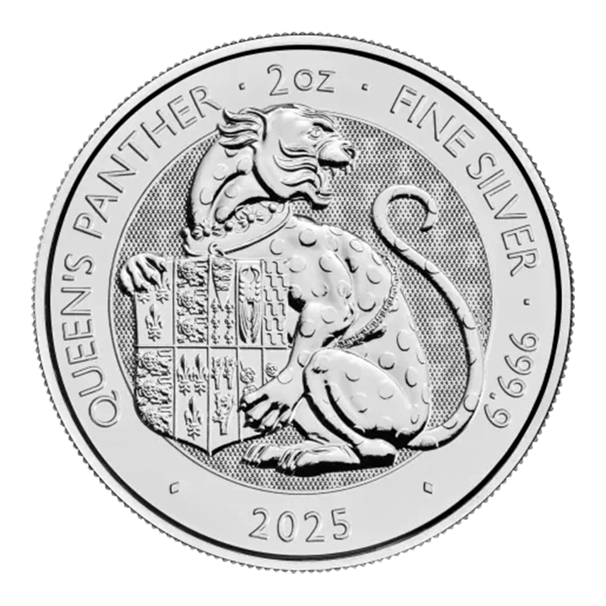 La moneda de 2 oz Bestias Tudor - La Pantera de la Reina Plata 2025 es una moneda de plata que representa una pantera erguida, con un escudo de símbolos heráldicos, inscrito: PANTERA DE LA REINA, 2 oz PLATA FINA 999.9, y 2025.