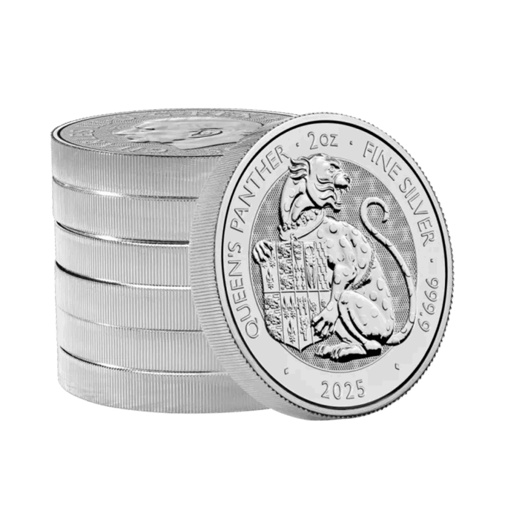 Una pila di cinque monete d'argento con la moneta frontale che mostra una pantera coronata che regge uno scudo, etichettata come 2 oz Tudor Beasts - La Pantera della Regina Argento 2025.