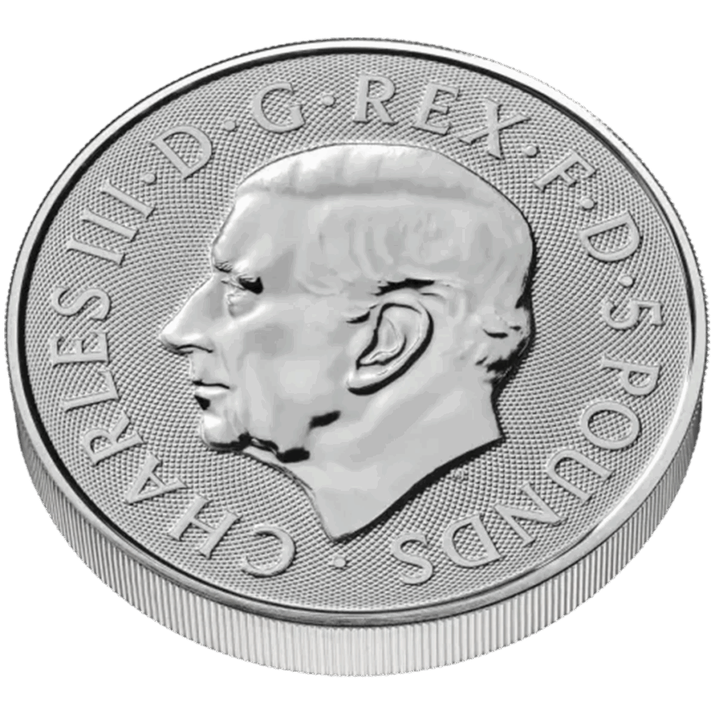 Moneta d'argento da 2 once intitolata "Bestie Tudor - La Pantera della Regina Argento 2025", con il ritratto del re Carlo III rivolto a sinistra e l'iscrizione CHARLES III D G REX F D 5 POUNDS intorno al bordo.