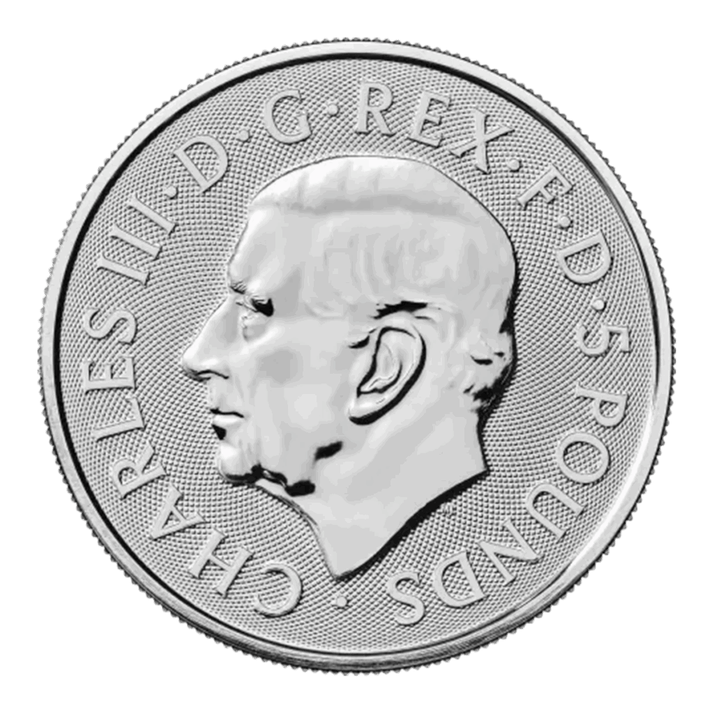 Una moneta d'argento da 2 once, "Bestie Tudor - La Pantera della Regina Argento 2025", presenta il profilo di Re Carlo III rivolto a sinistra con l'iscrizione "CHARLES III - D - G - REX - F - D - 5 POUNDS".