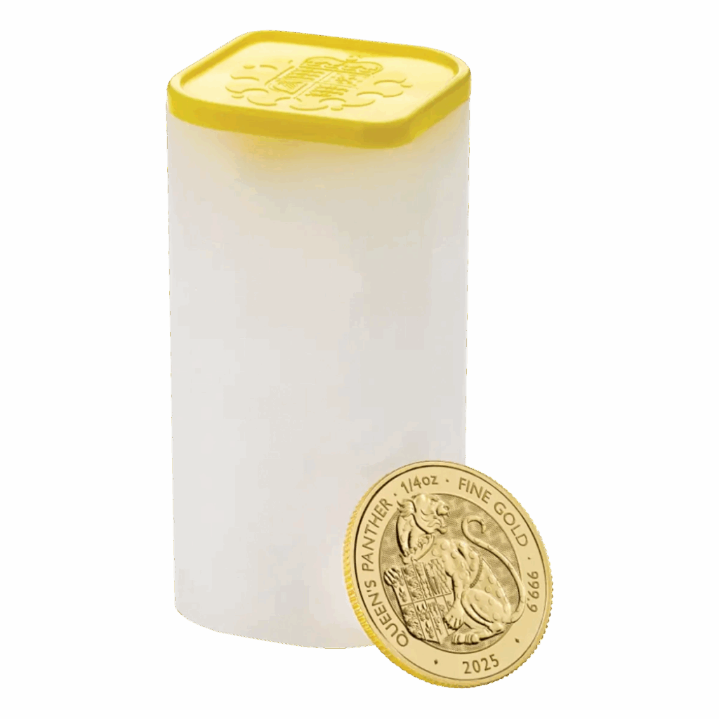 A rectangular white plastic coin tube with a yellow lid sits beside the 1/4 oz Tudor Beasts – The Queen’s Panther Gold Coin 2025, which features a panther design and the inscription QUEENS PANTHER 1/4 OZ FINE GOLD 999.9 2025.