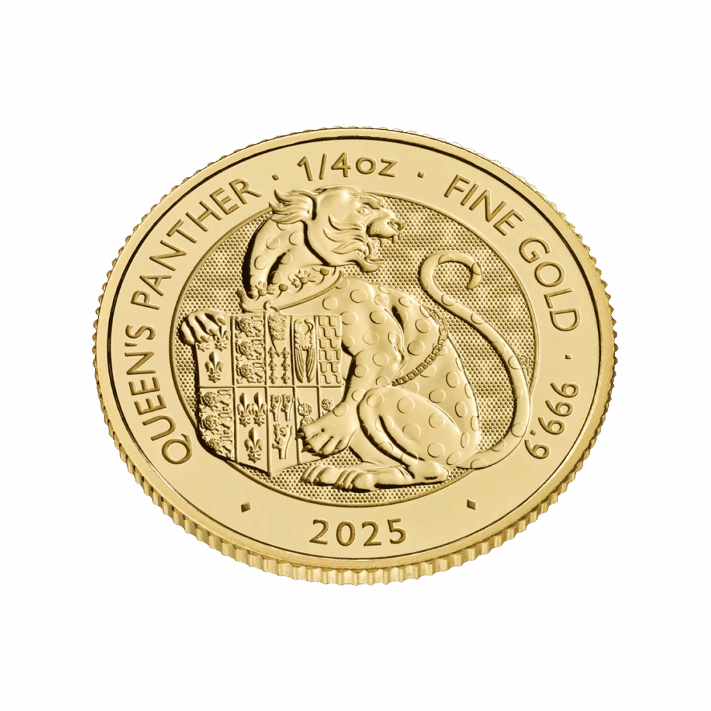 The 1/4 oz Tudor Beasts – The Queen’s Panther Gold Coin 2025 features a stylized panther holding a shield, with “QUEENS PANTHER,” “1/4 oz FINE GOLD 999.9,” and the year 2025 inscribed around the edge.