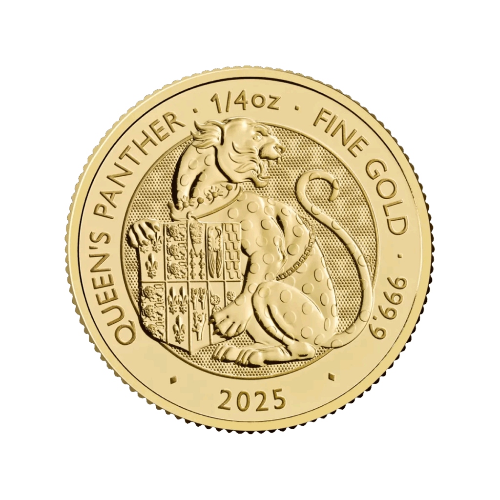 The 1/4 oz Tudor Beasts – The Queen’s Panther Gold Coin 2025 features a panther seated by a shield, with the edge inscribed QUEENS PANTHER • 1/4 oz • FINE GOLD • 999.9 and the year 2025 at the bottom.