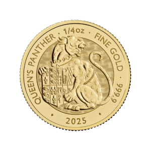La moneta da 1/4 di oz Tudor Beasts - La Pantera della Regina Oro 2025 mostra una pantera seduta che tiene uno scudo, con le incisioni "QUEENS PANTHER", "1/4 oz FINE GOLD", "999.9" e "2025" sul bordo.