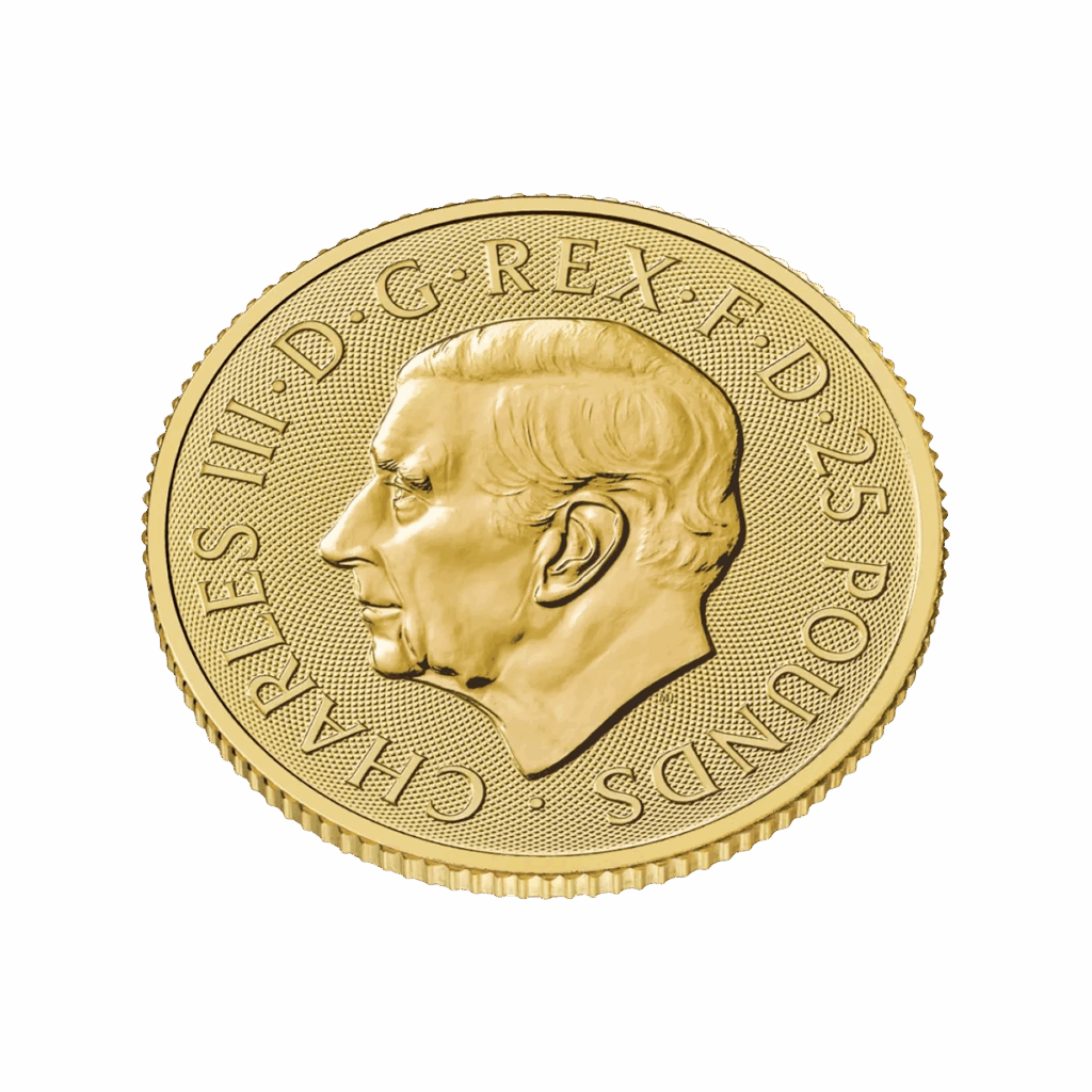 The 1/4 oz Tudor Beasts – The Queen’s Panther Gold Coin 2025 features a left-facing portrait of King Charles III with the inscription CHARLES III D G REX F D 25 POUNDS around the edge.