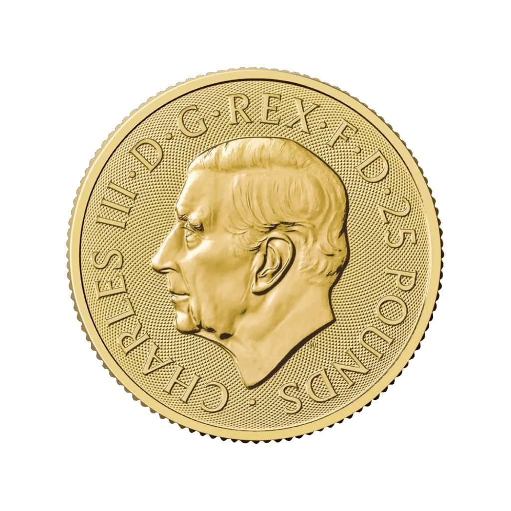 The 1/4 oz Tudor Beasts – The Queen’s Panther Gold Coin 2025 features a left-facing profile of King Charles III and the edge inscription CHARLES III D G REX FD 25 POUNDS.