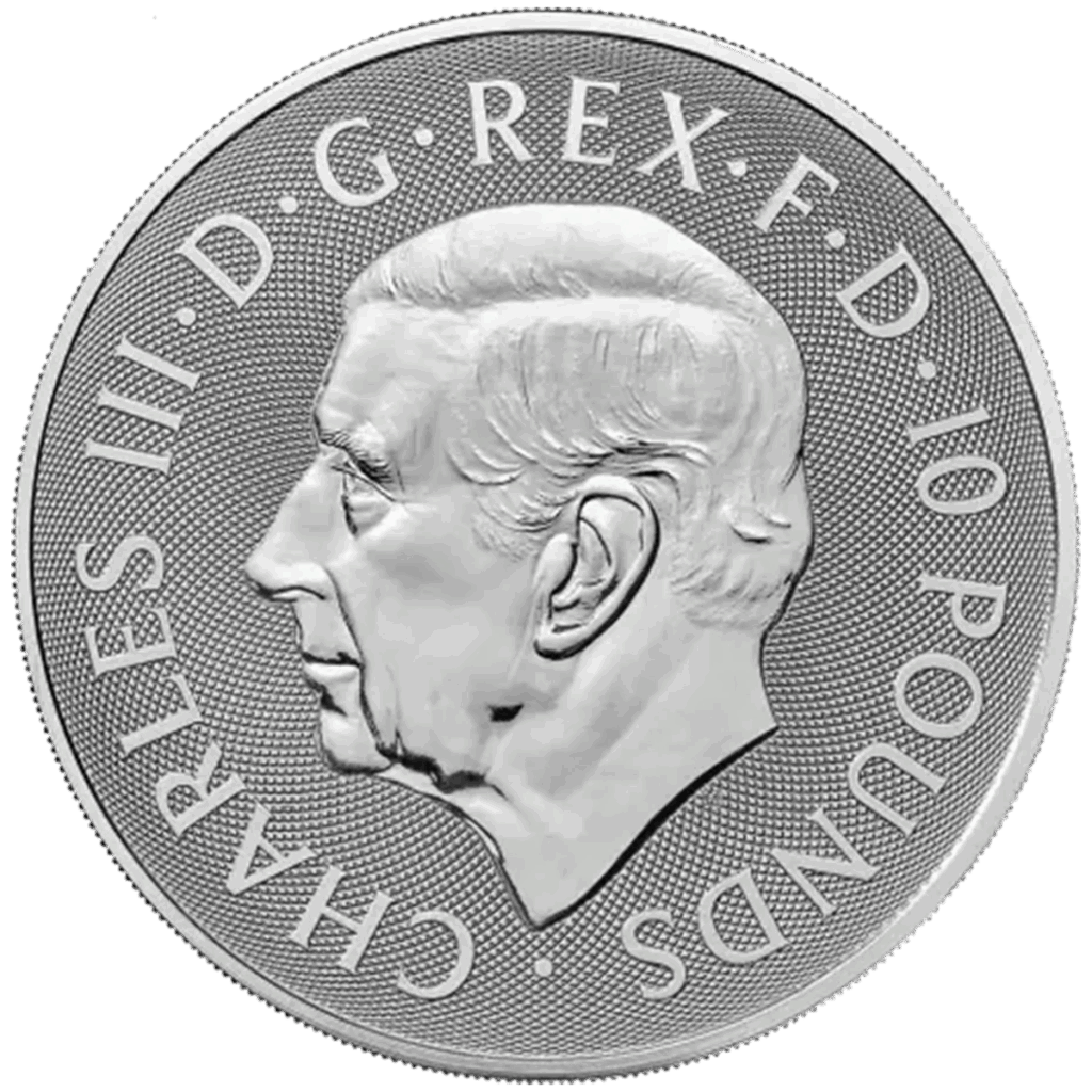 La moneta d'argento da 10 once Tudor Beasts - Toro di Clarence Argento 2023 presenta un profilo di Re Carlo III rivolto verso sinistra con l'iscrizione CHARLES III - D - G - REX - F - D - 10 POUNDS e uno sfondo strutturato.