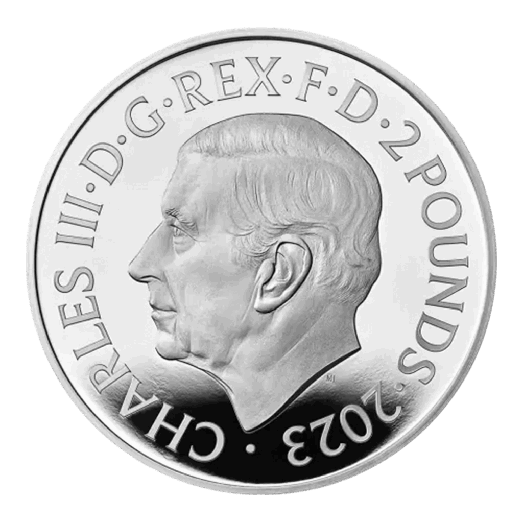 Moneta da 1 oz Tudor Beasts - Toro di Clarence Argento Proof 2023, in argento, con un disegno dettagliato che segna l'anno 2023.