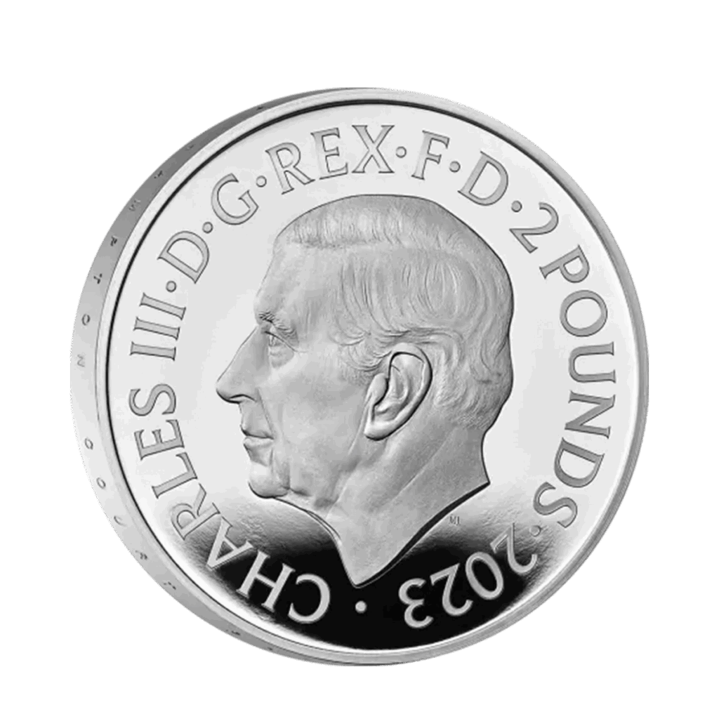 La moneta da 1 oz Tudor Beasts - Toro di Clarence Argento Proof 2023 presenta un profilo di Re Carlo III rivolto verso sinistra, con l'iscrizione "CHARLES III - D - G - REX - F - D - 2 POUNDS - 2023" lungo il bordo.
