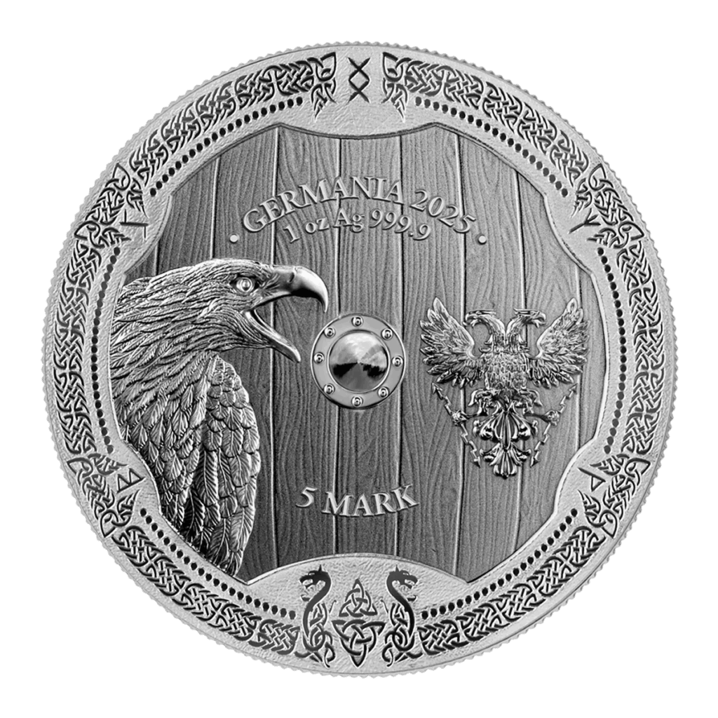 La moneta d'argento 2025 Valchirie: Arnhild 1 oz Argento Fior di Conio è una moneta d'argento con una testa d'aquila dettagliata, l'emblema dell'aquila bicipite, la scritta "GERMANIA 2023" sopra la dicitura "1 oz Ag 999.9" e la scritta "5 MARK" in basso, il tutto circondato da intricati motivi di bordo.