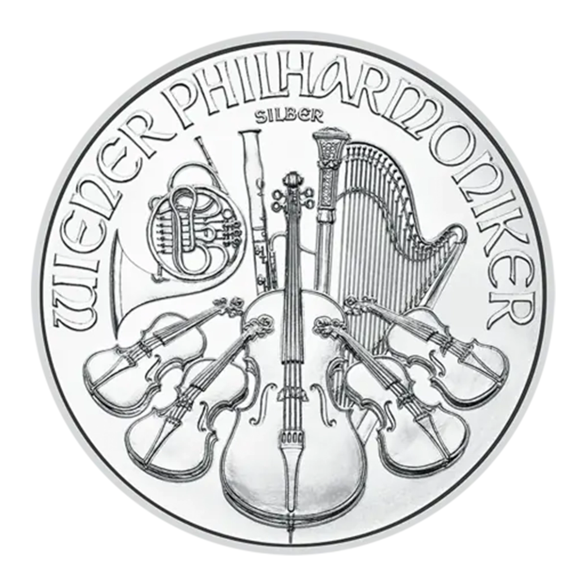 The 1 oz Vienna Philharmonic Silver Coin 2025 displays orchestral instruments with "WIENER PHILHARMONIKER" and "SILBER" inscribed at the top.
