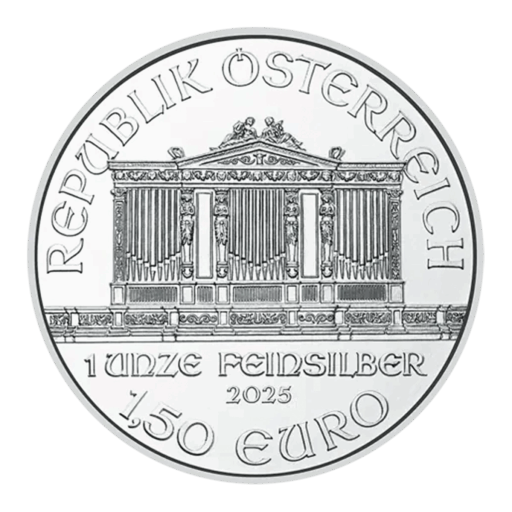 La moneta d'argento da 1 oz Filarmonica di Vienna Argento 2025 reca la scritta "Republik Österreich", l'immagine di un organo a canne e il testo "1 Unze Feinsilber 2025 1,50 Euro".