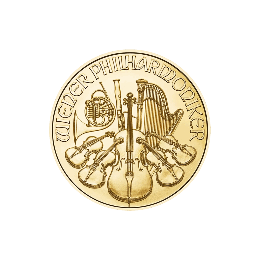 La moneda de oro Filarmónica de Viena Oro 2025 de 1/10 oz muestra instrumentos musicales como un arpa, un violín, un violonchelo, un fagot y una trompa, con la inscripción "WIENER PHILHARMONIKER" en la parte superior.