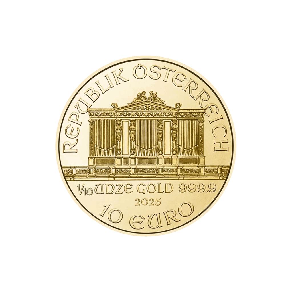 Moneda austríaca de 1/10 oz Filarmónica de Viena Oro de 2025, en la que figura el órgano Musikverein de Viena y las inscripciones: "REPUBLIK ÖSTERREICH", "1/10 UNZE GOLD 999.9" y "10 EURO".