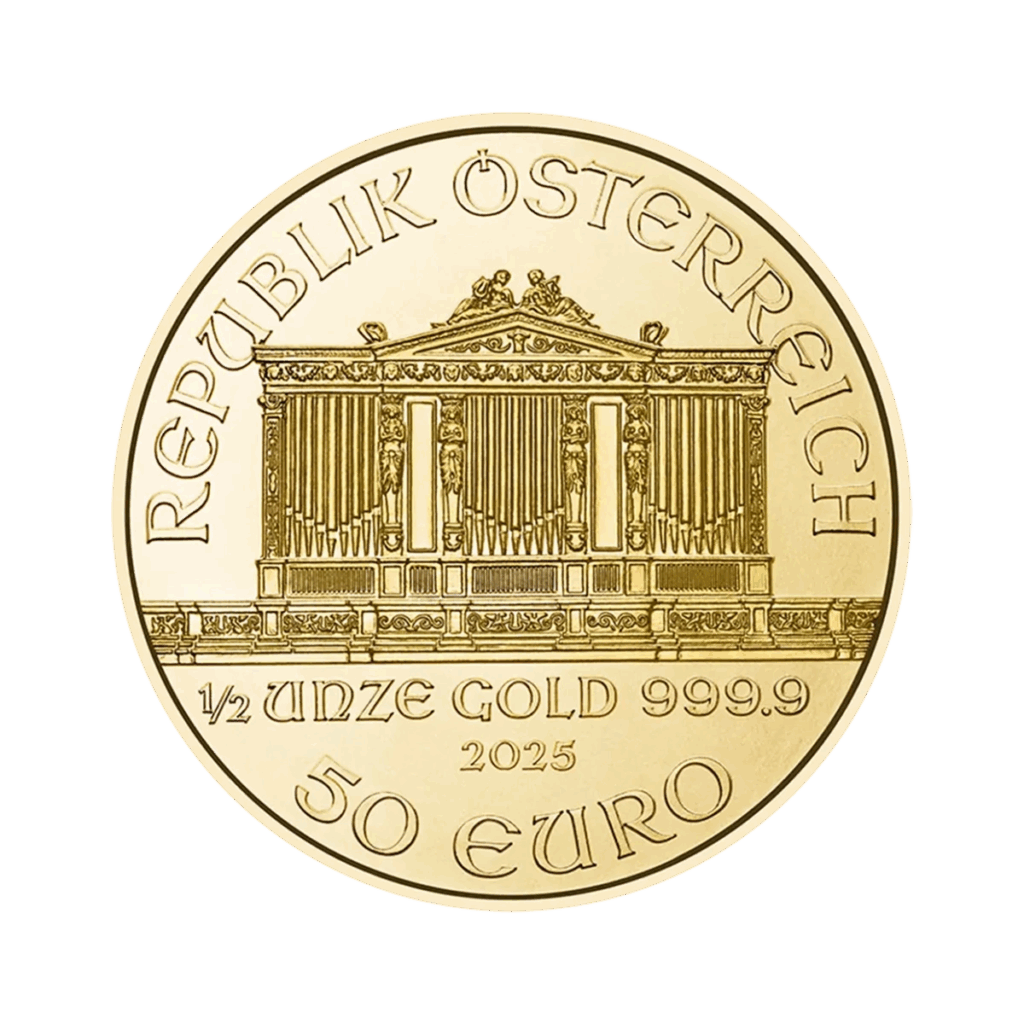 La moneta d'oro da 1/2 oz Filarmonica di Vienna Oro 2025 presenta l'edificio della Filarmonica di Vienna e le iscrizioni: "REPUBLIK ÖSTERREICH", "1/2 OLIO 999,9", "2025" e "50 EURO".