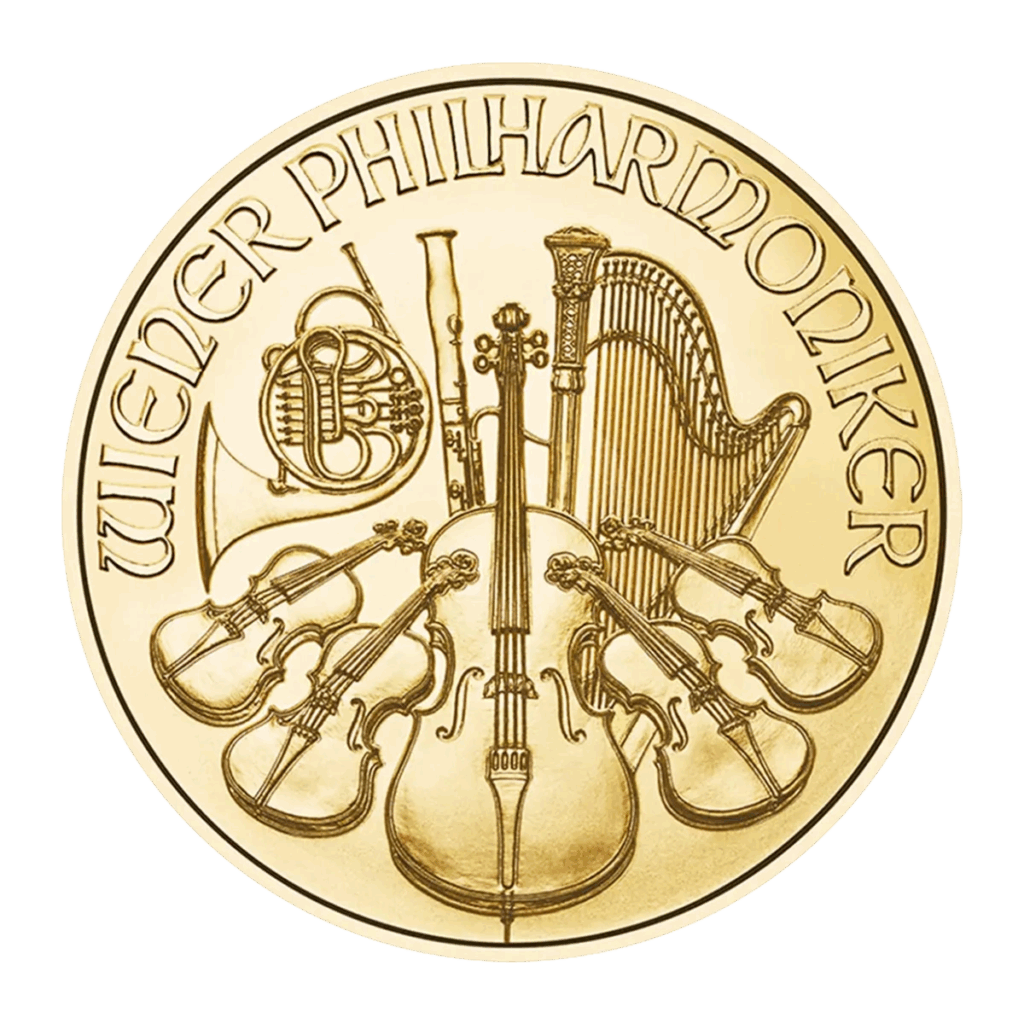 La Filarmonica di Vienna Oro 2025 da 1 oz riporta la scritta "WIENER PHILHARMONIKER" sopra strumenti musicali dettagliati: arpa, violoncello, violini, fagotto e corno francese.
