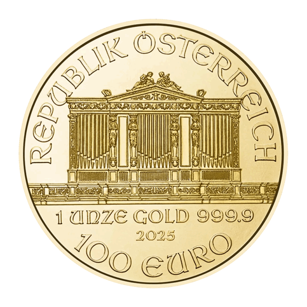 La Filarmonica di Vienna Oro 2025 da 1 oz è una moneta austriaca d'oro che raffigura l'organo della Filarmonica di Vienna e reca le iscrizioni: REPUBLIK ÖSTERREICH, 1 ONCE ORO 999,9, 2025 e 100 EURO.