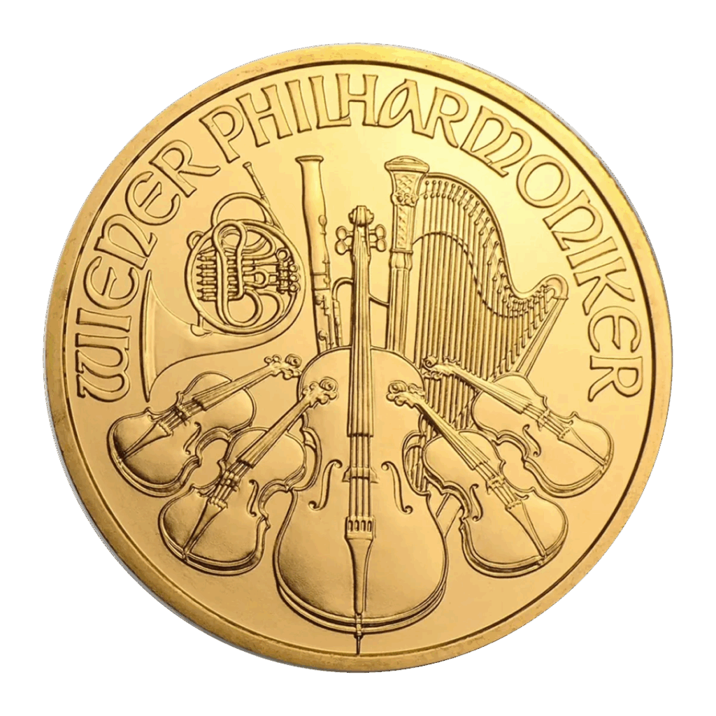 La moneta d'oro da 1 oz Filarmonica di Vienna Oro Anni diversi presenta strumenti orchestrali - arpa, violino, violoncello, flauto, corno francese e fagotto - con la scritta "WIENER PHILHARMONIKER".
