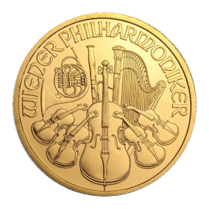 La moneta d'oro da 1 oz Filarmonica di Vienna Oro Anni diversi presenta strumenti orchestrali - arpa, violino, violoncello, flauto, corno francese e fagotto - con la scritta "WIENER PHILHARMONIKER".
