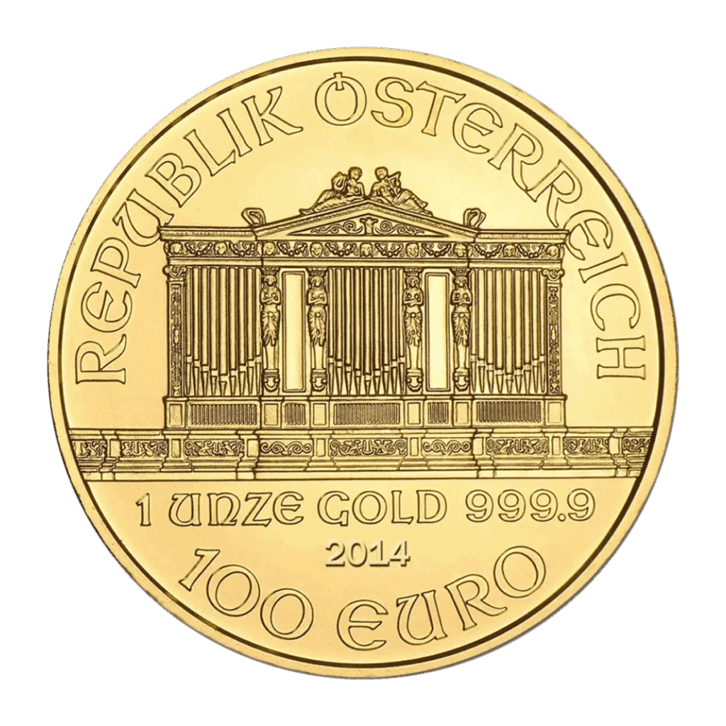 Moneta d'oro da 1 oz Filarmonica di Vienna Oro Anni diversi con il Grande Organo della Sala d'Oro di Vienna, con REPUBLIK ÖSTERREICH, 1 UNZE GOLD 999.9, anno e valore nominale sul fronte.