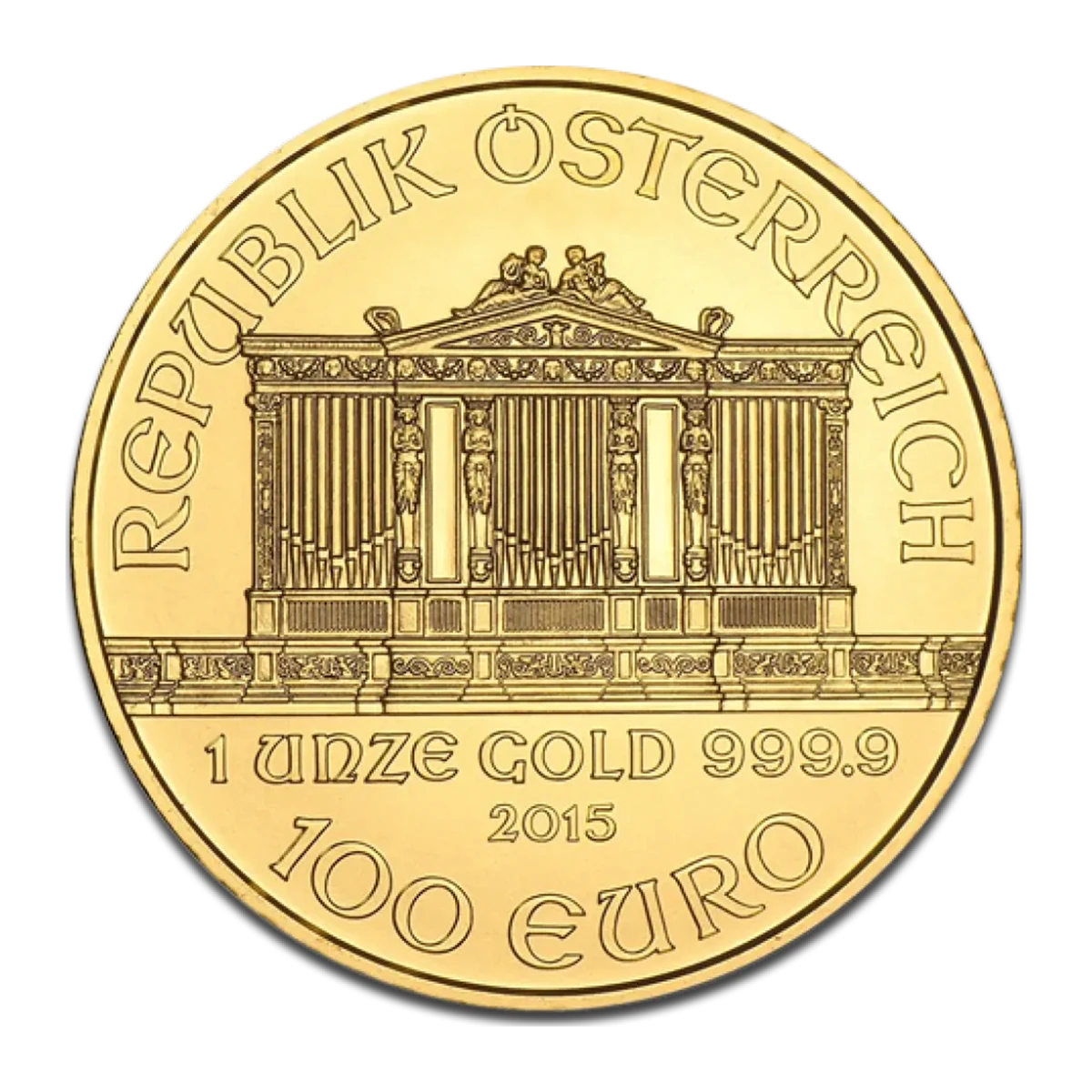 La moneda de oro de 1 oz Filarmónica de Viena Oro Años varios muestra el Gran Órgano del Salón Dorado de Viena, con inscripciones: Republik Österreich, 1 Unze Gold 999.9, año de emisión y valor facial de 100 euros en el anverso.