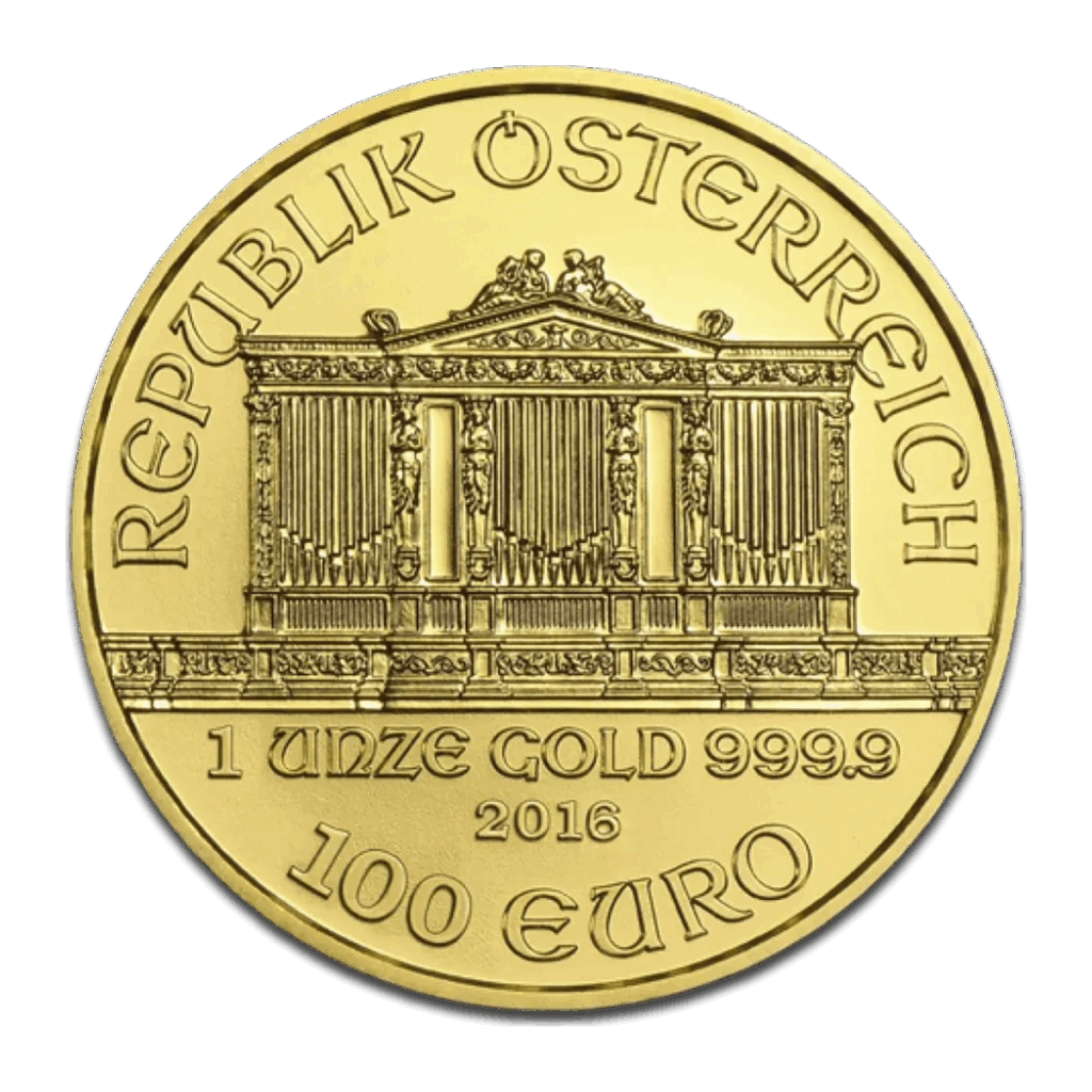 La moneta da 1 oz Filarmonica di Vienna Oro Anni diversi presenta la scritta "Republik Österreich" nella parte superiore, l'organo della Filarmonica di Vienna al centro e le iscrizioni del peso, della purezza, dell'anno e del valore nominale nella parte inferiore.