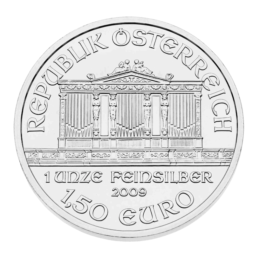 La moneta d'argento della Filarmonica di Vienna dell'Austria raffigura il Grande Organo della Sala d'Oro di Vienna, con l'iscrizione "Republik Österreich", "1 Unze Feinsilber", l'anno 2009 e un valore nominale di 1,50 euro.