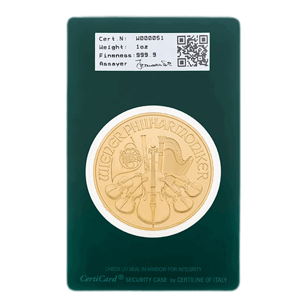La moneta d'oro della Filarmonica di Vienna, raffigurante strumenti musicali, è sigillata in una tessera di sicurezza verde Certiline che riporta il numero del certificato, il peso, la finezza, la firma del saggiatore e un codice QR nella parte superiore.