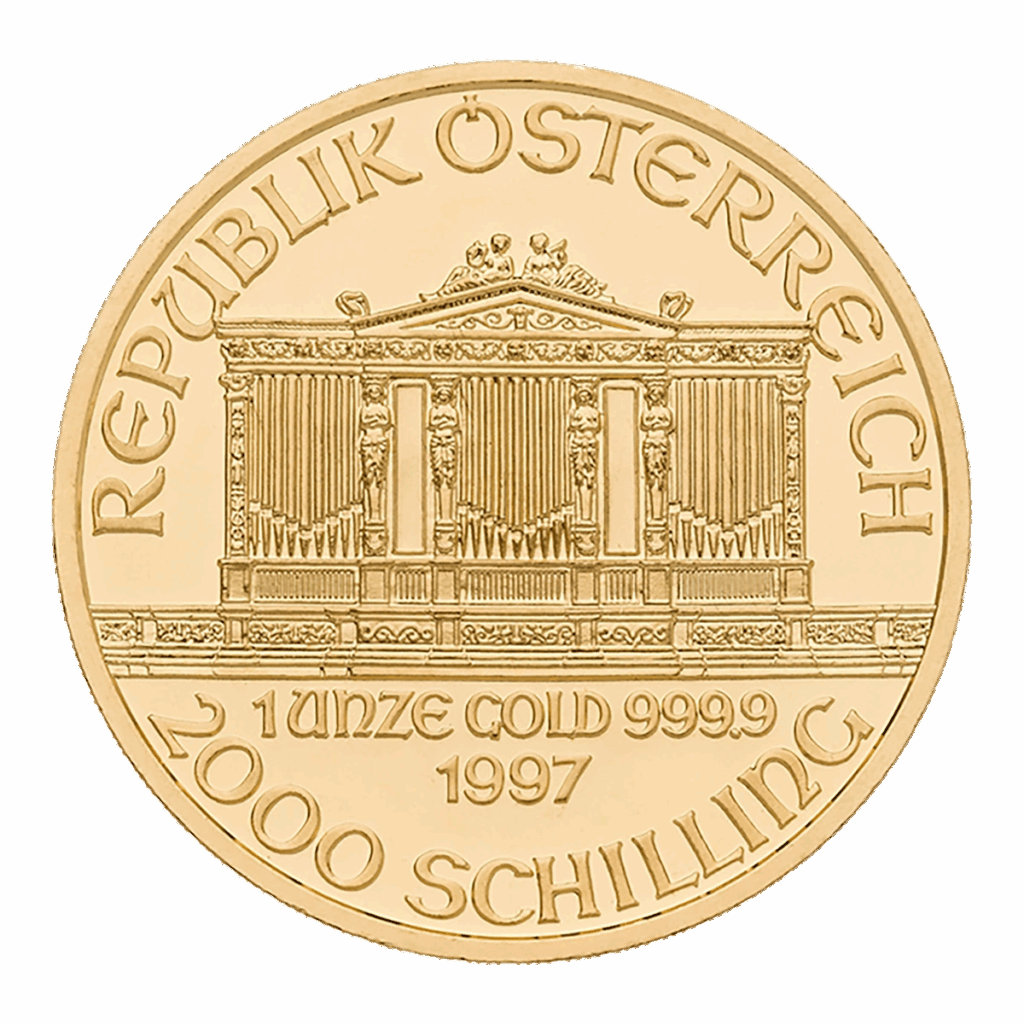 La moneta d'oro della Filarmonica di Vienna mostra l'edificio della Filarmonica di Vienna e presenta le iscrizioni REPUBLIK ÖSTERREICH, 1 UNZE GOLD 999.9, 1997 e 2000 SCHILLING sul fronte.