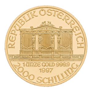 La moneta d'oro della Filarmonica di Vienna mostra l'edificio della Filarmonica di Vienna e presenta le iscrizioni REPUBLIK ÖSTERREICH, 1 UNZE GOLD 999.9, 1997 e 2000 SCHILLING sul fronte.
