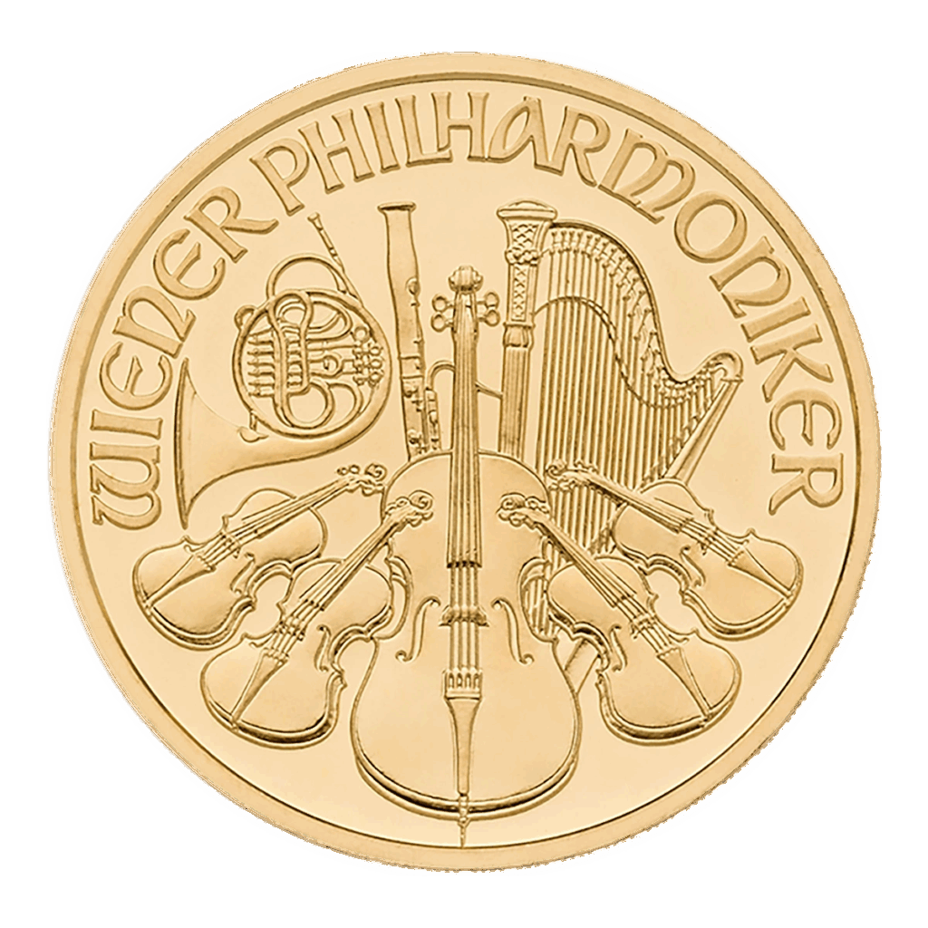 La moneta d'oro della Filarmonica di Vienna presenta strumenti orchestrali - violini, violoncello, arpa, fagotto e corno francese - con l'iscrizione "WIENER PHILHARMONIKER" lungo il bordo superiore.