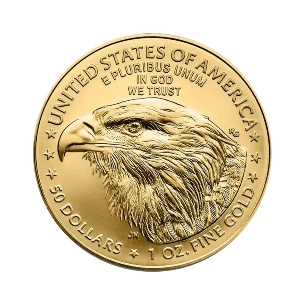 La moneta d'oro American Eagle Oro 2025 da 1 oz presenta una dettagliata testa di aquila calva, circondata da stelle e dalle iscrizioni: United States of America, E Pluribus Unum, In God We Trust, 50 Dollars e 1 oz. Oro fino.