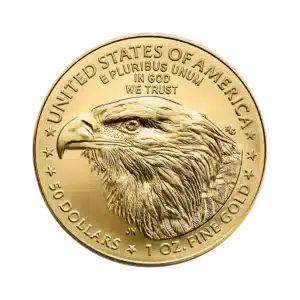 La moneta d'oro American Eagle Oro 2025 da 1 oz presenta una dettagliata testa di aquila calva, circondata da stelle e dalle iscrizioni: United States of America, E Pluribus Unum, In God We Trust, 50 Dollars e 1 oz. Oro fino.