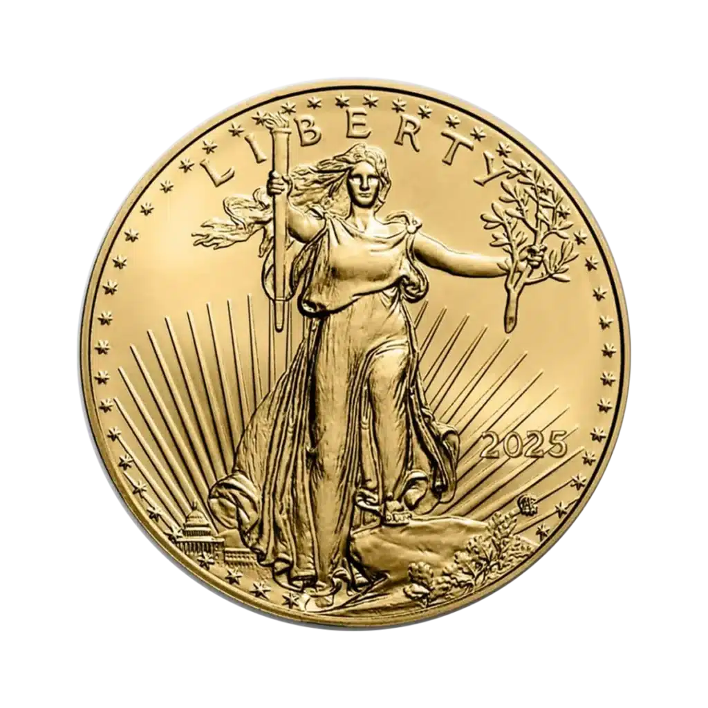 L'American Eagle Oro 2025 da 1 oz presenta Lady Liberty con una torcia e un ramo d'ulivo, circondata da raggi e stelle, la scritta "LIBERTY" in alto e l'anno 2025 sul lato destro.