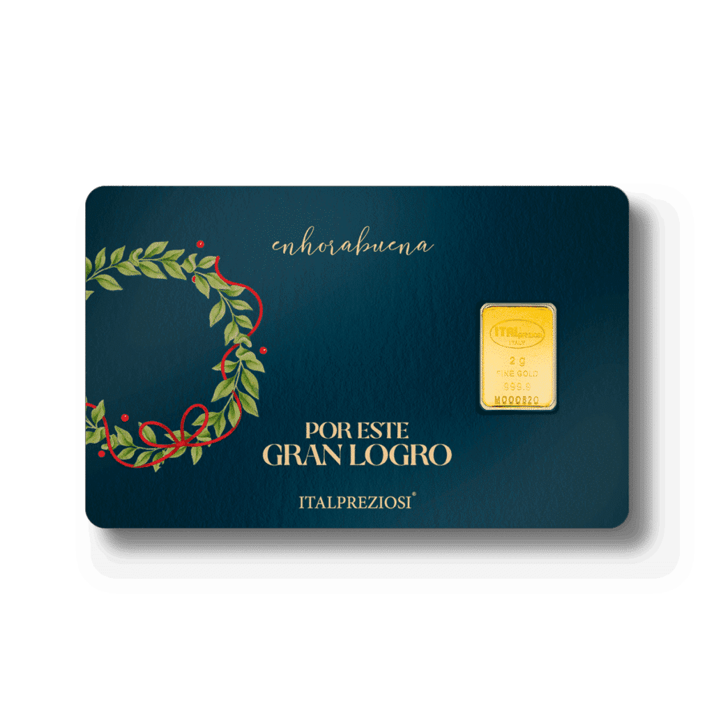 Una tarjeta rectangular azul oscuro denominada "Graduación" presenta una corona decorativa verde y roja a la izquierda, el texto en español "Enhorabuena, por este gran logro" y una pequeña barra dorada incrustada a la derecha.