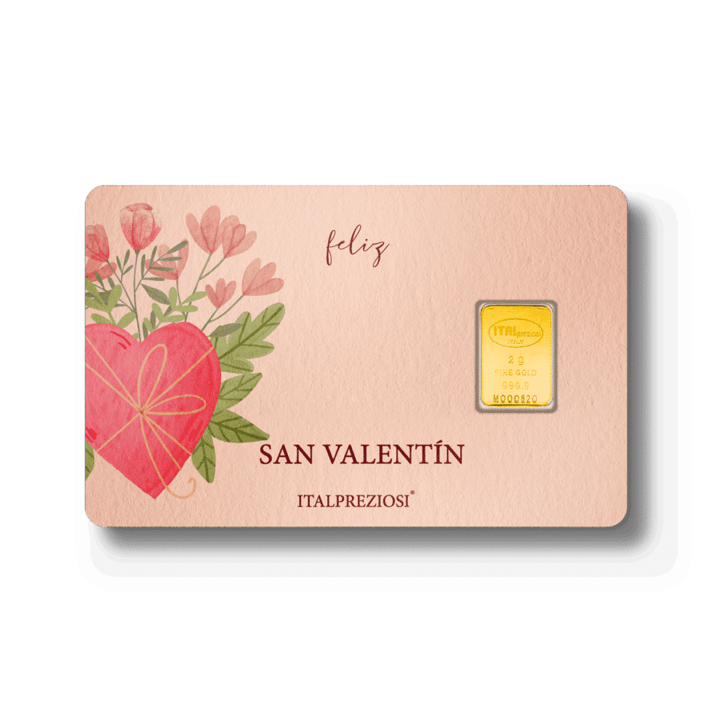 Tarjeta de San Valentín con diseño de corazón floral rosa, texto "feliz SAN VALENTÍN ITALPREZIOSI" y una pequeña barra dorada incrustada en el lado derecho.