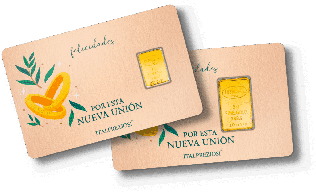 Dos lingotes de oro de la colección Boda se presentan en tarjetas de color beige con ilustraciones de anillos amarillos y hojas verdes, con el mensaje "felicidades POR ESTA NUEVA UNIÓN ITALPREZIOSI".
